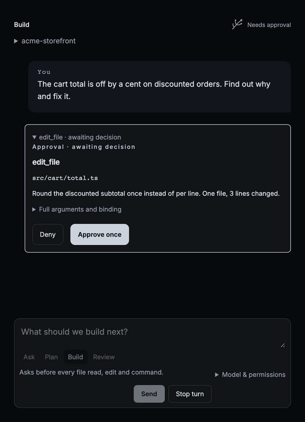 An approval card for editing src/cart/total.ts with a plain description of the change and Deny and Approve once buttons.