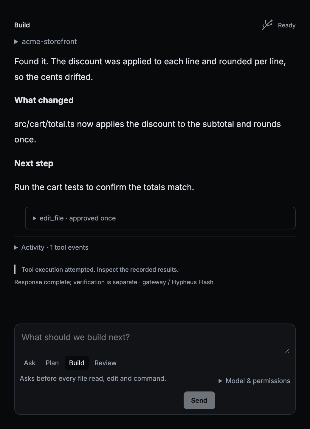The finished response explaining the fix, with the approved edit recorded below it.